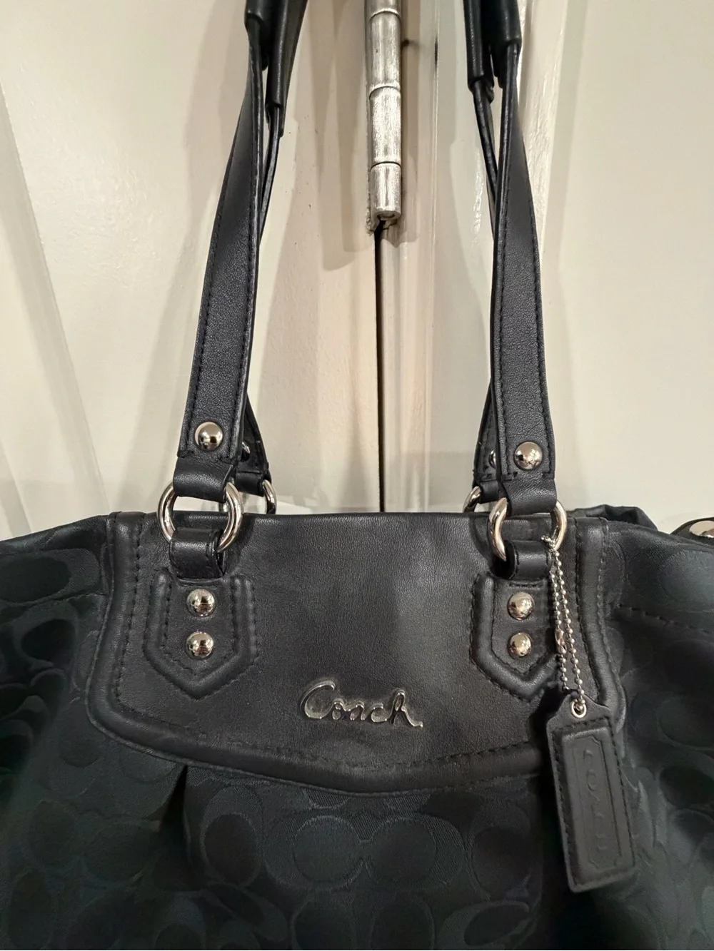 Vintage Coach Ashley Signature Convertible Black Jacquard Tote with Leather Trim